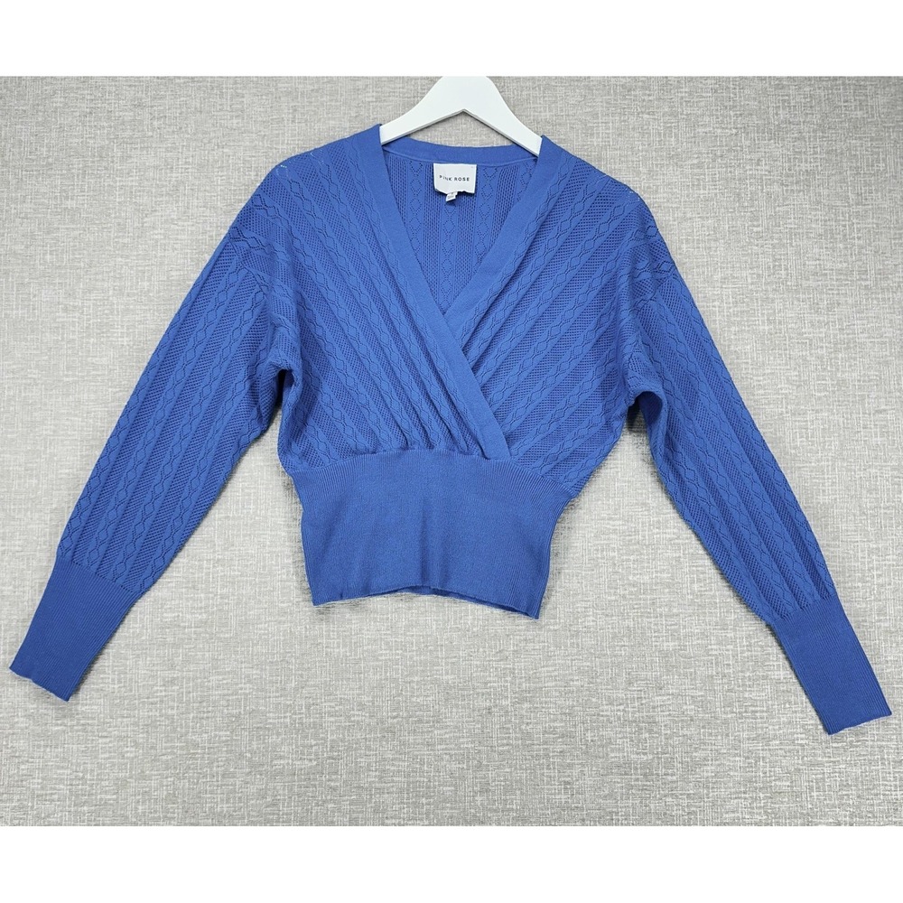 Pink Rose Sweater Womens Small‎ Blue Surplice Wrap V Neck Pointelle Knit Cropped